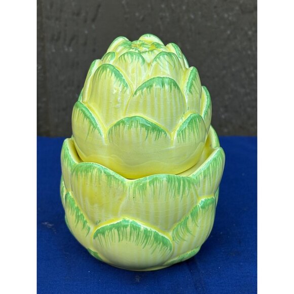Vintage Haldon Group Artichoke Ceramic Salt Pepper Shaker Set Green Yellow Glaze - Picture 1 of 7